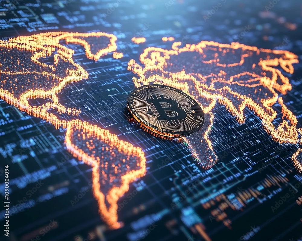 Poster bitcoin revolutionizing finance global digital map cryptocurrency visual low-resolution viewpoint ec