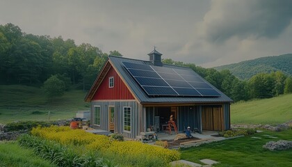 Fototapeta premium A person installing solar panels on the roof of a barn, Solar Installation, Green and responsible