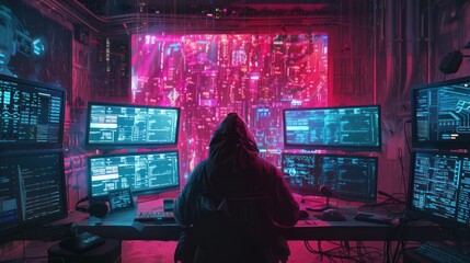 Obraz premium A hooded figure monitors multiple screens in a high-tech environment.