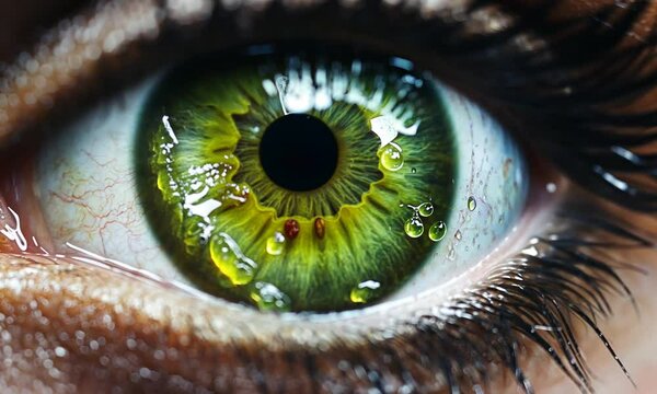 macro shot of beautiful green eye with green drops