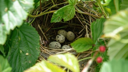 A Wren nests with its eggs in a raspberry bush.