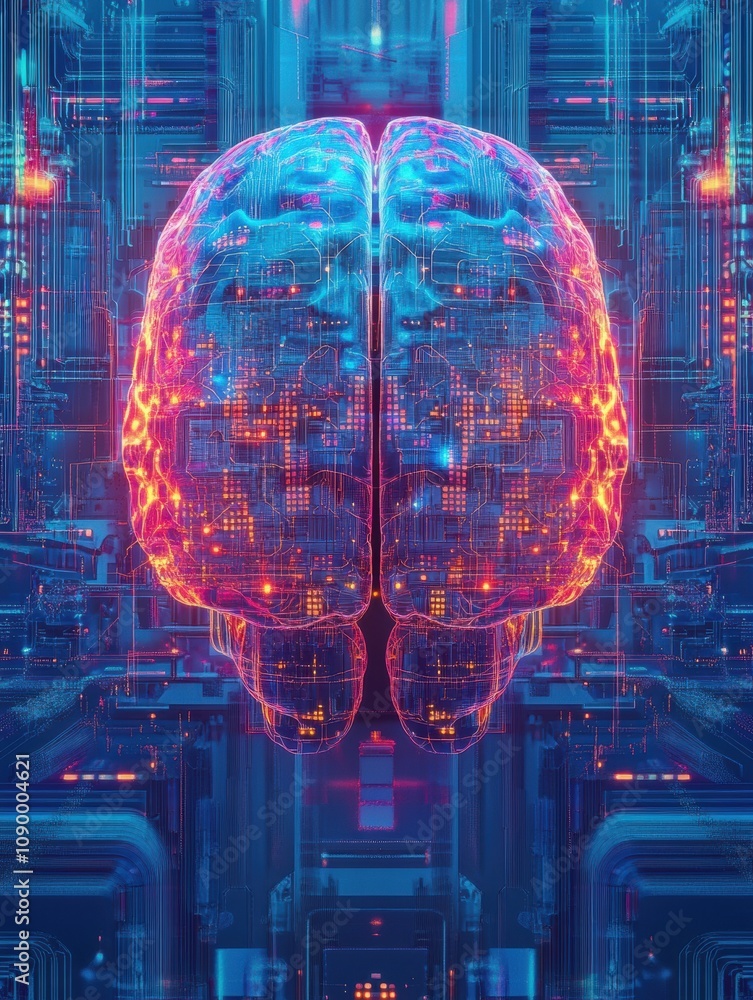 Poster A digitally rendered brain showcases vibrant colors and intricate circuitry against a futuristic backdrop, emphasizing advanced technology themes. Generative AI