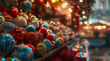 Vibrant Christmas Market Display With Festive Ornaments and Lights