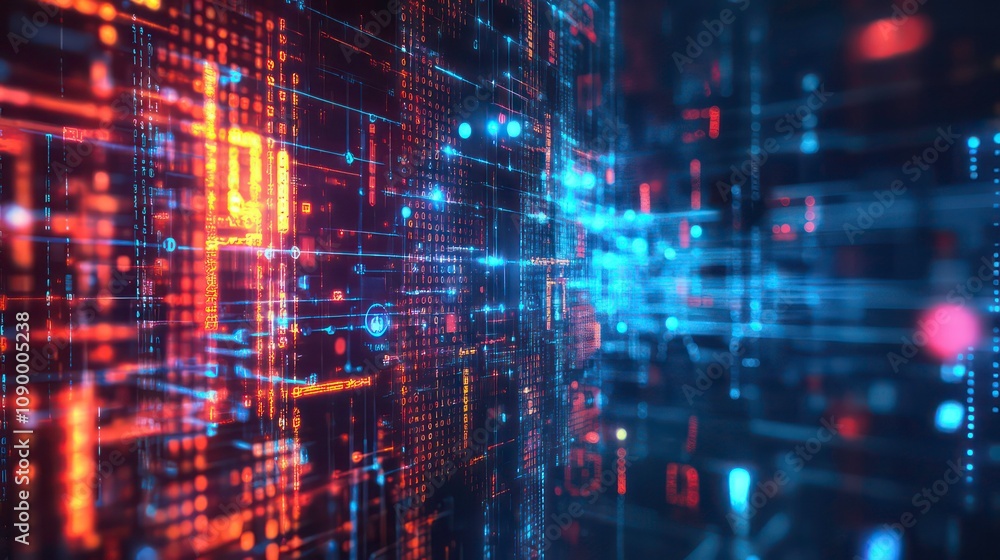 Poster artificial intelligence illustration of neon code matrix, background image