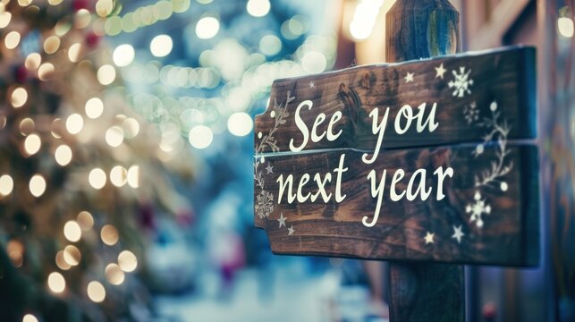 Wooden sign "See you next year" on a street background.