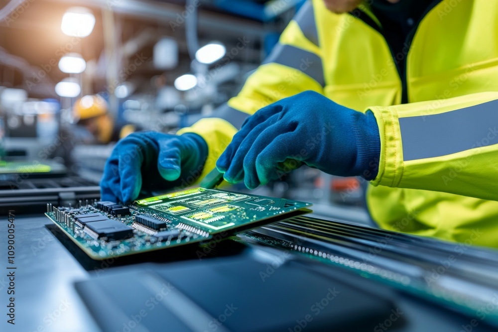 Poster a man in a yellow jacket is working on a computer chip