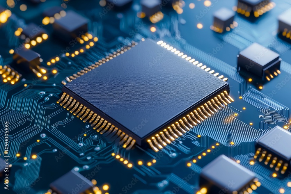 Poster a close up of a computer chip with a blue background