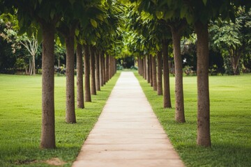 Obraz premium Serene pathway through lush trees park nature photography tranquil environment ground level view serenity concept
