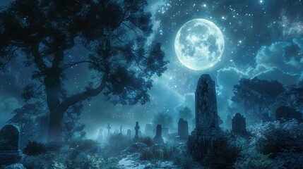 Obraz premium A mystical graveyard under a full moon with starry skies.