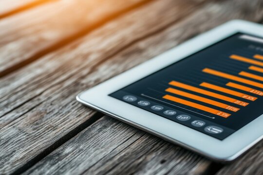 Analyzing business trends with a digital tablet on rustic wood office environment data visualization contemporary viewpoint