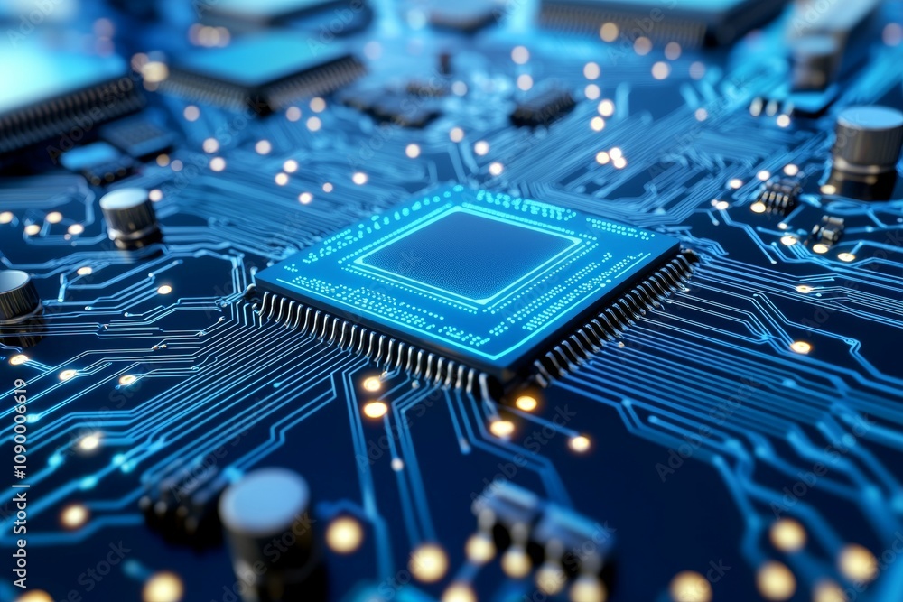 Poster a close up of a computer chip with a blue background