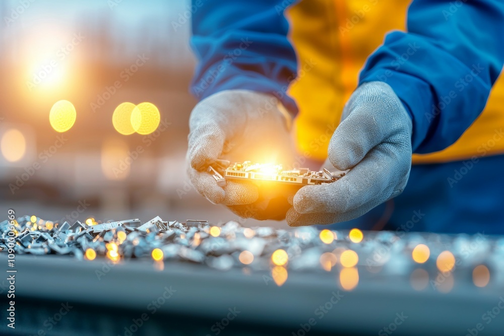 Poster a person is holding a shiny object with their gloved hands