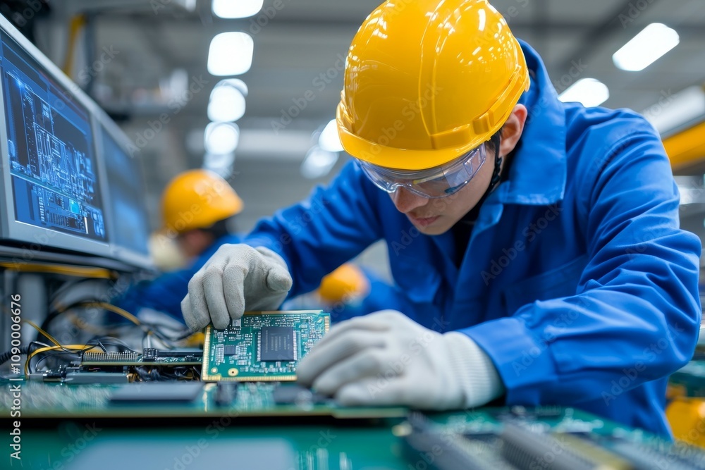 Aufkleber a man in a yellow helmet is working on a computer chip
