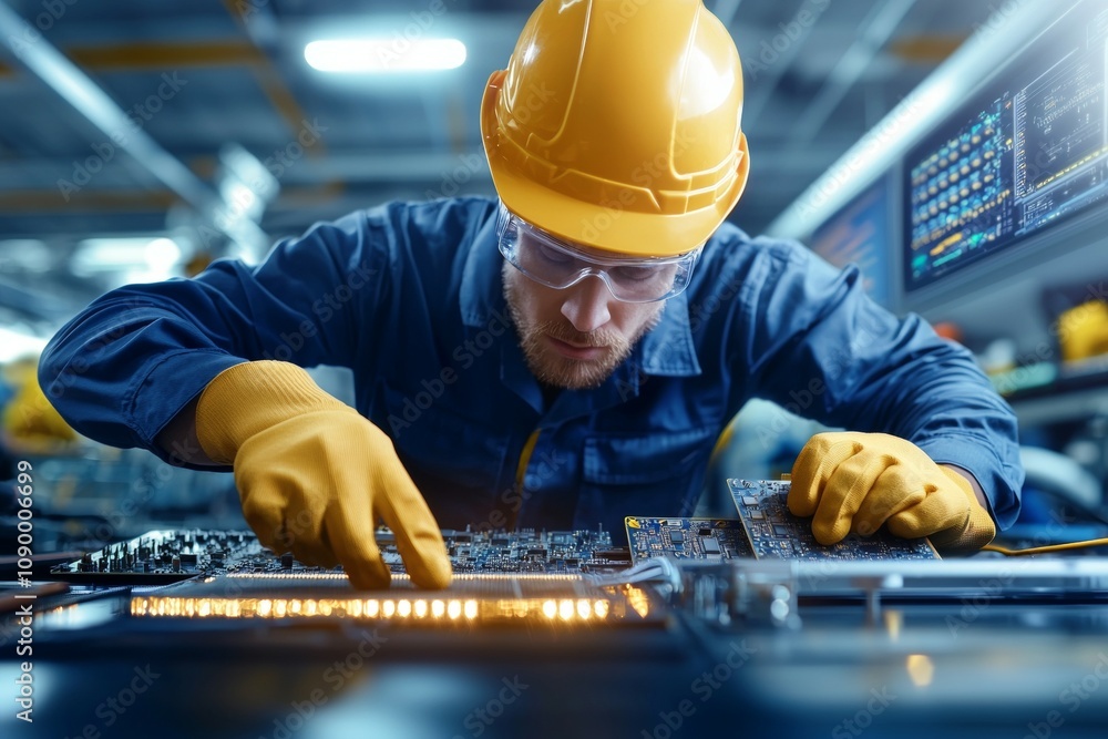 Poster a man in a yellow hard hat is working on a computer monitor