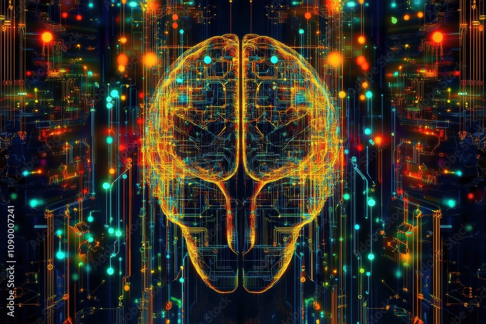 Fototapete This abstract representation showcases a digital brain composed of intricate neural connections and colorful data patterns against a dark backdrop. Generative AI