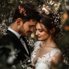 A romantic couple embracing amidst flowers, capturing a moment of love and connection.