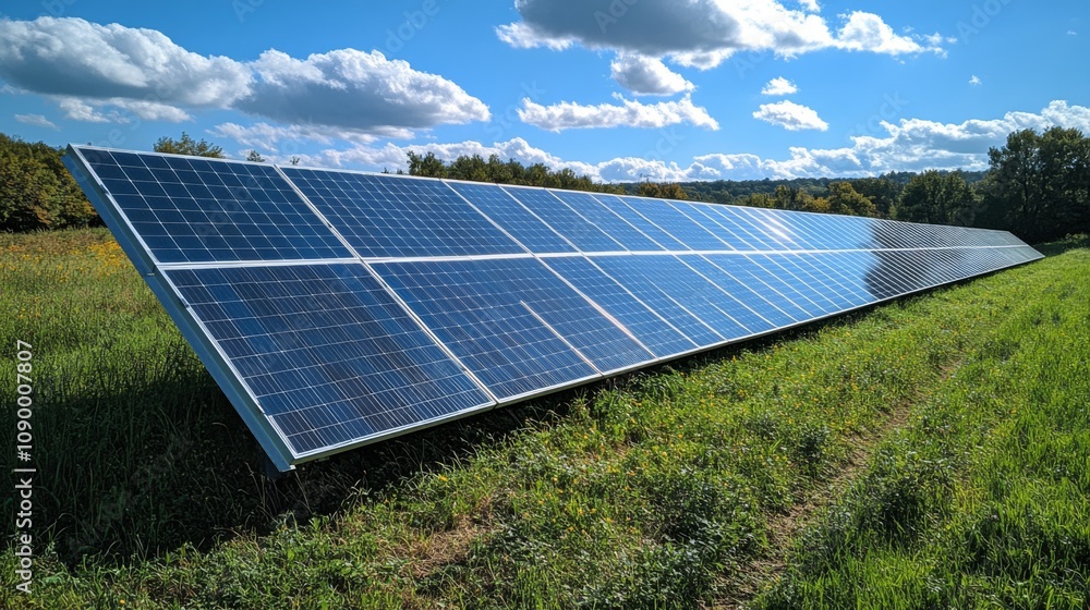 Poster solar panels are aligned in a large field under a bright blue sky with fluffy clouds. the installati