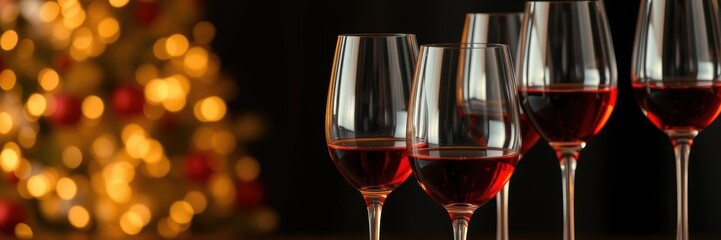 Obraz premium A set of four elegant wine glasses filled with deep red wine on a dark background, cheers, alcohol