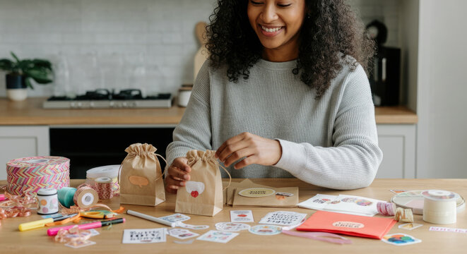 Afro-Caribbean woman crafting at table with various handmade supplies