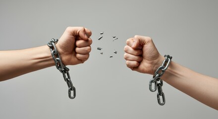 Two fists breaking free from chains, symbolizing freedom and strength