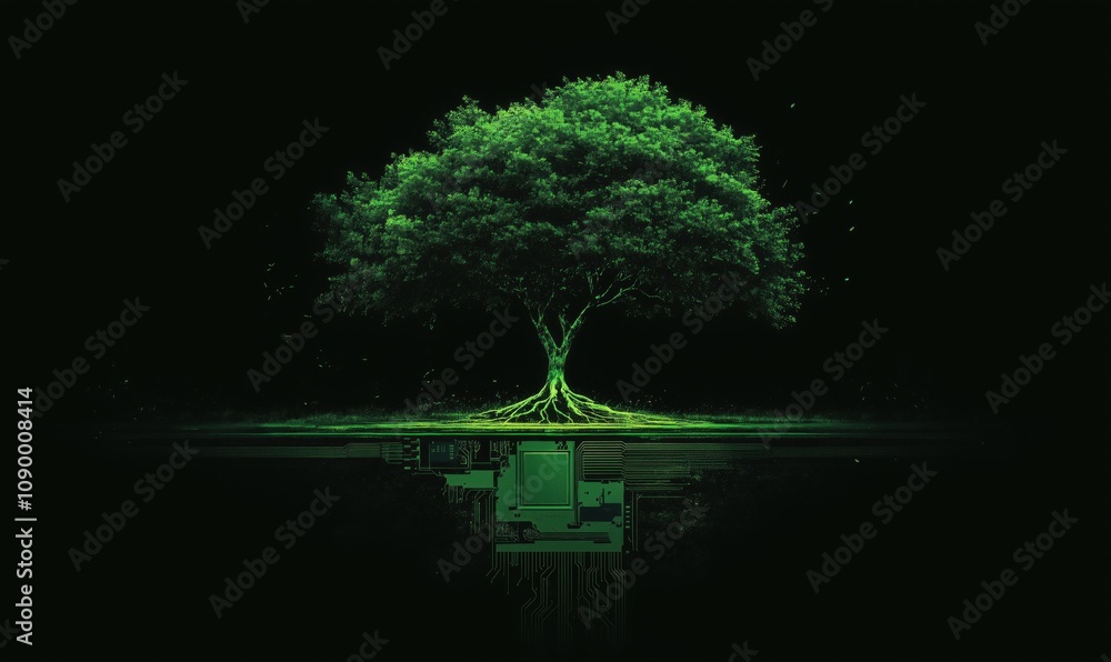Poster tree with digital roots, symbolizing nature and technology integration. green tree with circuit boar