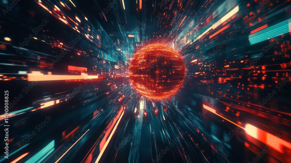 Poster a glowing orange sphere surrounded by streaks of light, creating a sense of speed and movement.