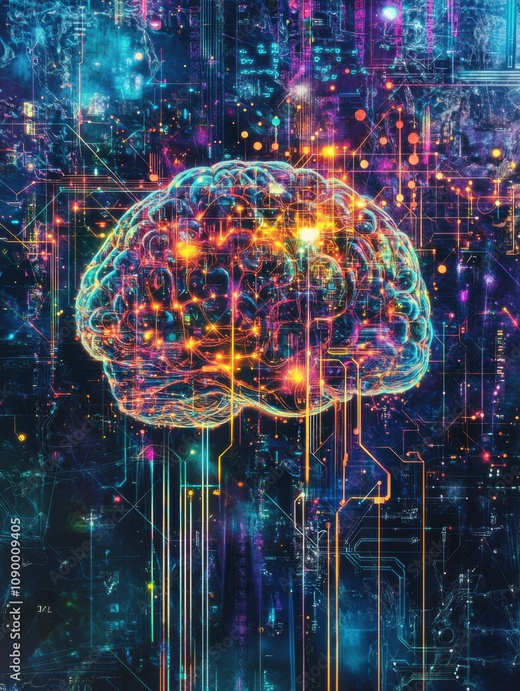 Fototapete intricate patterns and bright colors illustrate a digital brain, emphasizing connections and technol