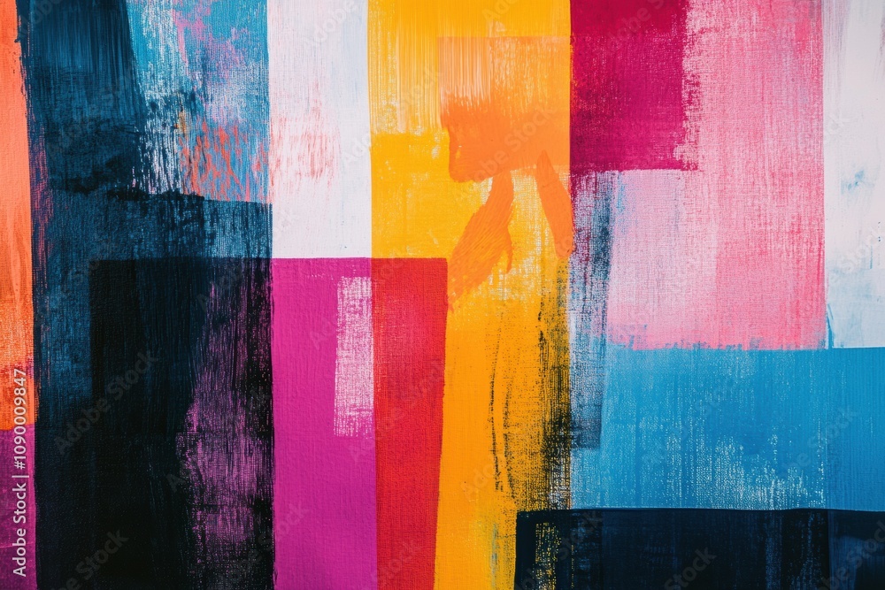 Poster bold abstract paint strokes intersect with geometric shapes in a vibrant display of color, evoking m