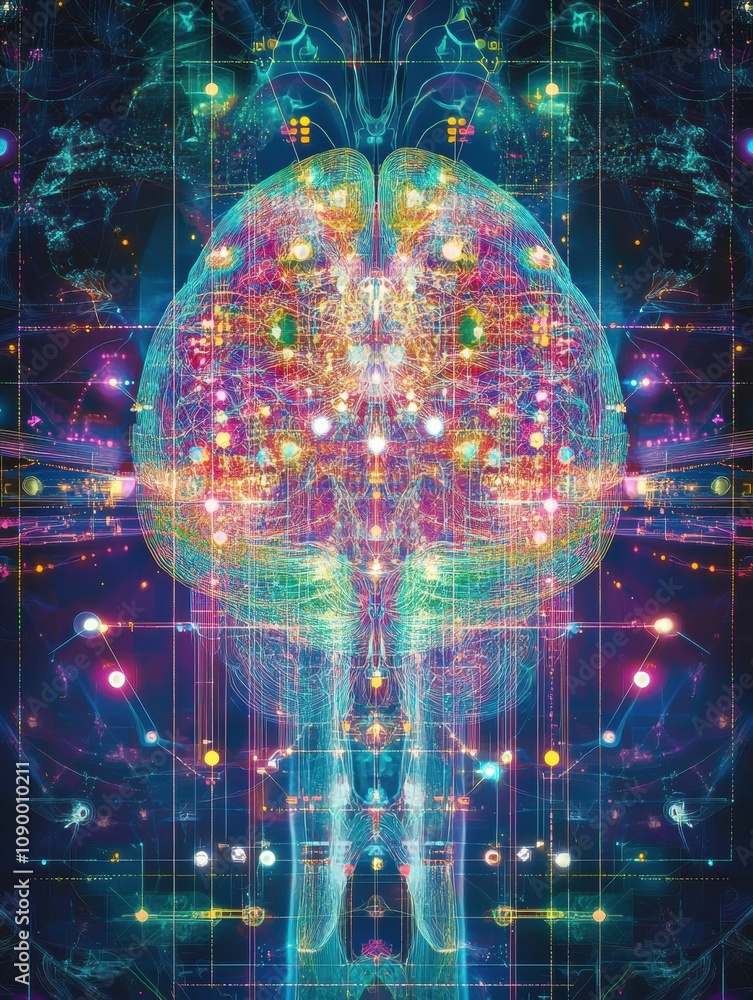 Leinwandbilder colorful abstract representation of a digital brain illustrates complex neural connections, highligh