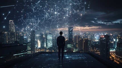Fototapeta premium Night Cityscape: A Man Contemplating the Digital Future