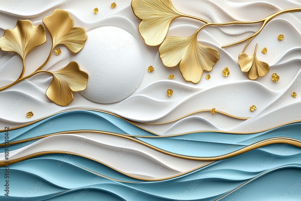 Poster elegant abstract design with golden leaves and waves on textured background