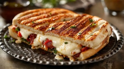 A grilled panini sandwich with melted mozzarella cheese, sun-dried tomatoes, and spinach on a rustic silver plate.