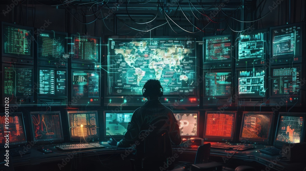Poster a person monitors multiple screens in a high-tech control room.