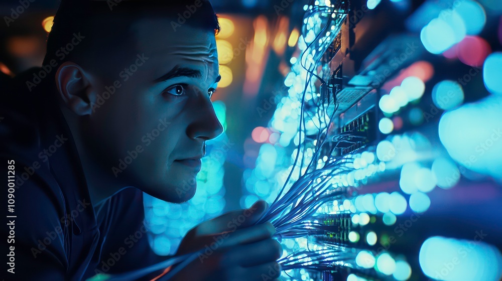 Poster a technician works on a server rack in a data center.