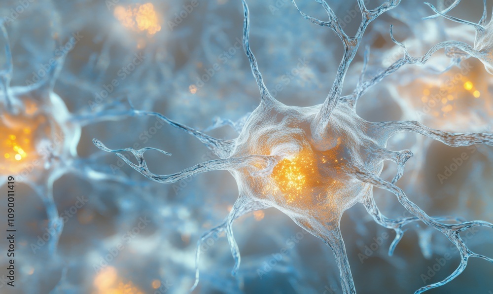 Poster neurons with glowing synapses, intricate structures, and connections, showcasing neural activity and
