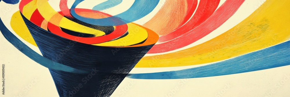Poster bright colors form a swirling pattern that evokes movement and energy, highlighting the interplay of