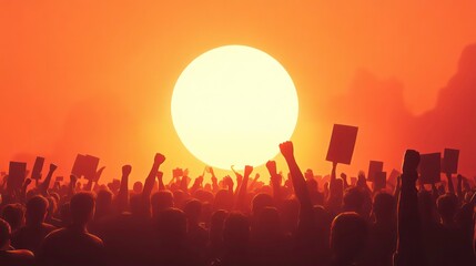 Fototapeta premium A large crowd of people silhouetted against a bright orange sunset, raising their fists in the air and holding signs.