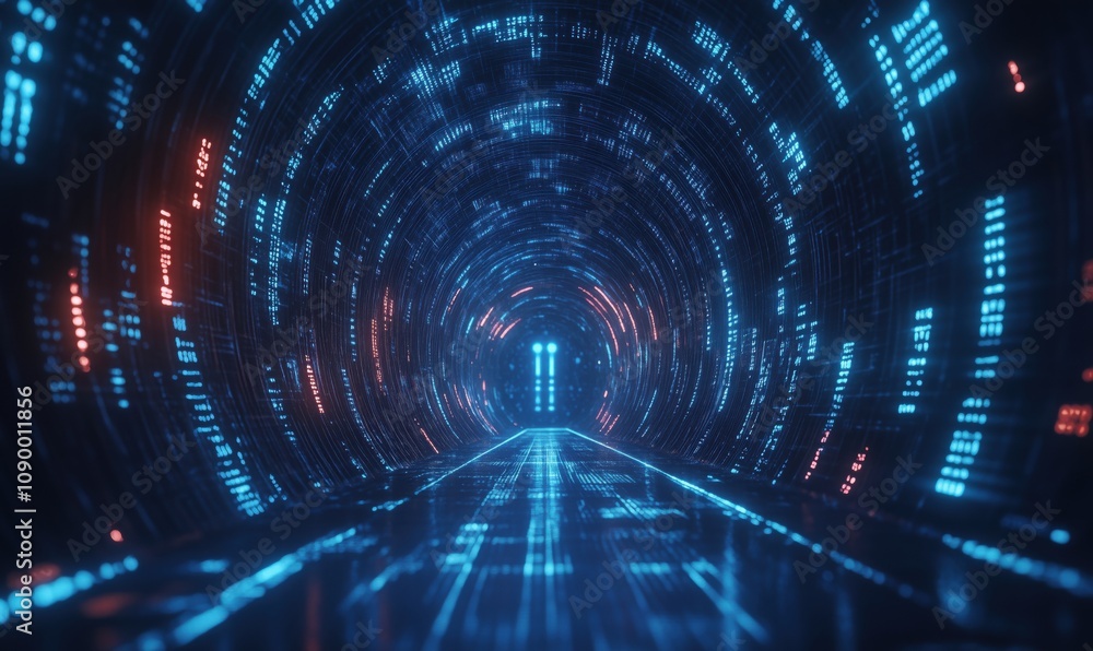 Poster futuristic digital tunnel with glowing lights, vibrant blue and red patterns, creating a sense of de