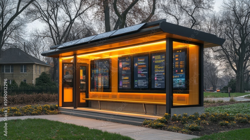 Poster A contemporary bus shelter featuring solar panels and illuminated digital displays stands in a park. It is surrounded by trees and flowers, creating a serene atmosphere during a cloudy afternoon.