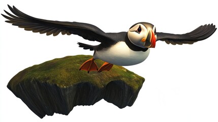 Naklejka premium Puffin in Flight Over a Rocky Island