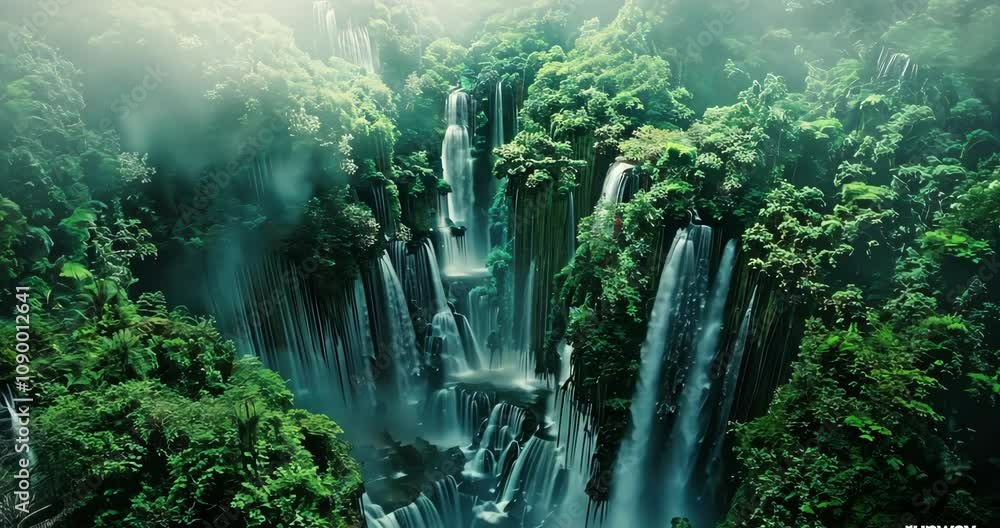 Poster deep jungle expedition through a labyrinth of towering trees and cascading waterfalls, encountering 