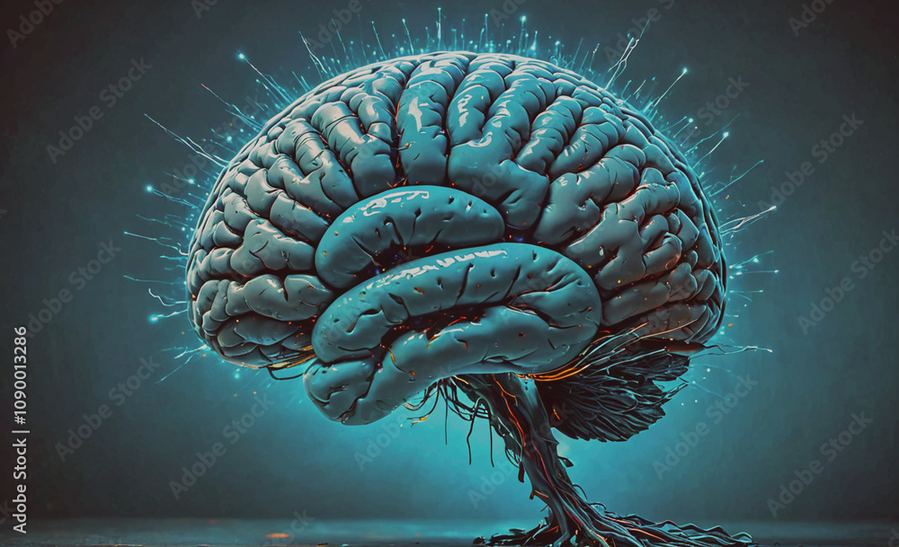 Poster a brain with a tree growing out of it. the brain is blue and the tree is green