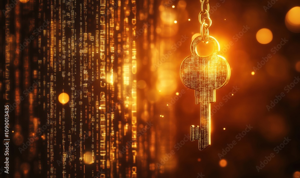 Poster golden key digital data background, glowing key with binary code, abstract technology concept, secur