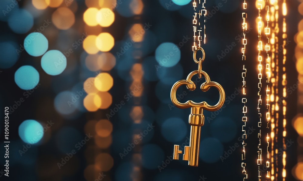 Poster golden key with bokeh background, digital binary code, abstract concept of security and access, illu