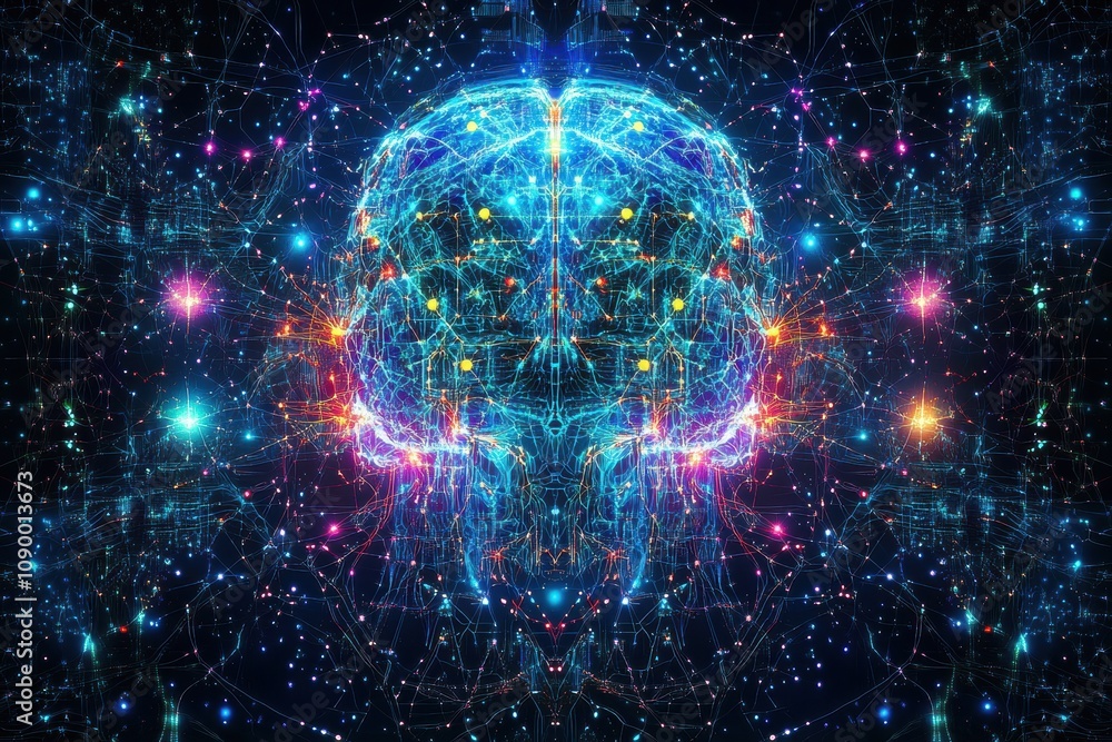 Leinwandbilder an abstract digital brain shows vibrant colors and complex connections, symbolizing advances in arti