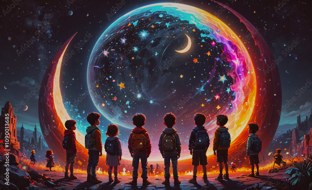 Poster a group of children are standing in front of a large, colorful, glowing orb. the children are wearin
