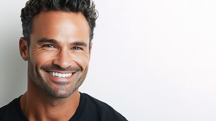 Fototapeta premium Happy Smiling Man with Short Curly Hair Against Neutral Background, Perfect for Lifestyle, Health, and Wellness Themes in Stock Photography