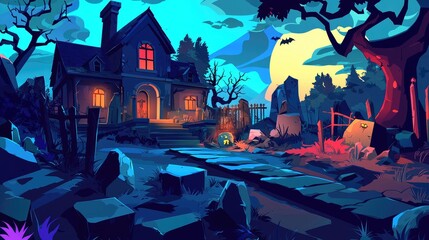 A spooky, cartoon-style house with glowing windows and a moon in the background