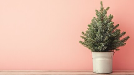 Fototapeta premium Small evergreen tree in a metal pot against a pink background