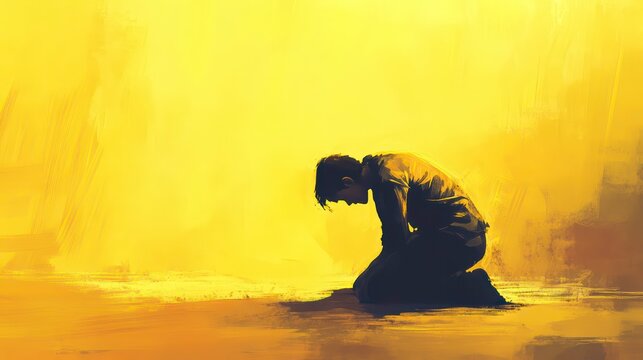 Silhouette of a person kneeling in a yellow light, possibly praying or in deep contemplation.